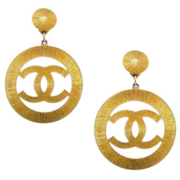 Auth Chanel Hoop Dangle Earrings Clip-On Gold - Picture 1 of 4